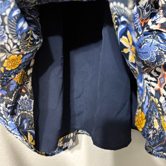 LOFT Long Sleeve Ruffled Drop Wsist Shift Dress. Navy with Yellow Floral Print - Picture 7 of 14